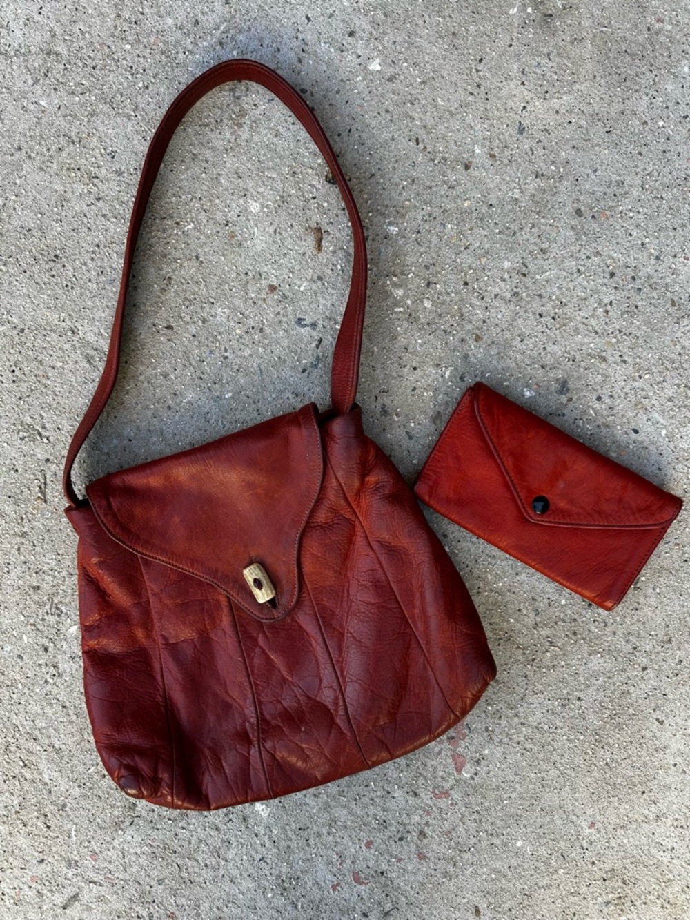 Vtg 70s Lightfoot Fyne Leather Hobo Slouch Bag Wallet Set Rust Red Buttery Soft